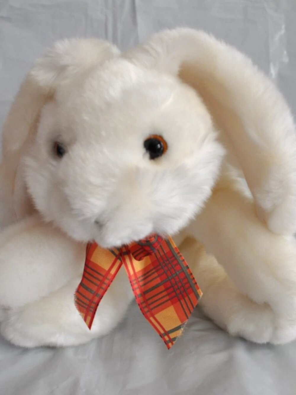 Fluffy Off-White/Cream Bunny Rabbit with Bow Fur Stuffed Toy 8" GUC